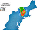 Deposition of the radioisotope As78 in the Northeastern United States, 1951-1962 shown as a color gradient map.