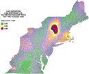 Deposition of radioactive copper (Cu67) in the Northeastern U.S. from the Nevada Test Site, 1951-1962. Color gradient map.